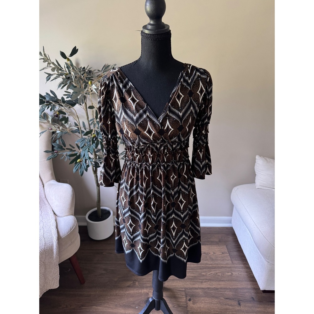 Max Edition Petite Geometric Diamond Print Smocked Waist Bell Sleeve Dress SP